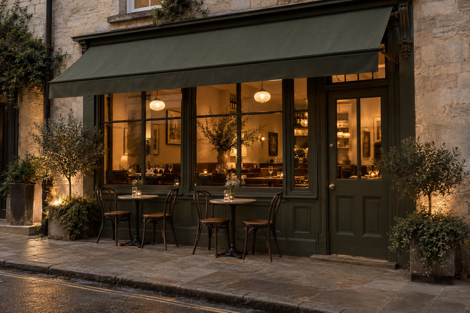 Illustrative British bistro exterior in warm evening light