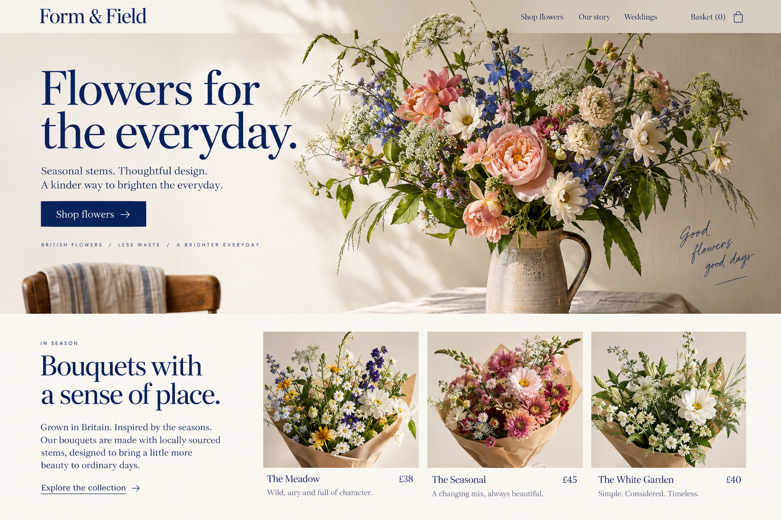 Form and Field independent florist website concept with expressive flower photography and cobalt blue accents