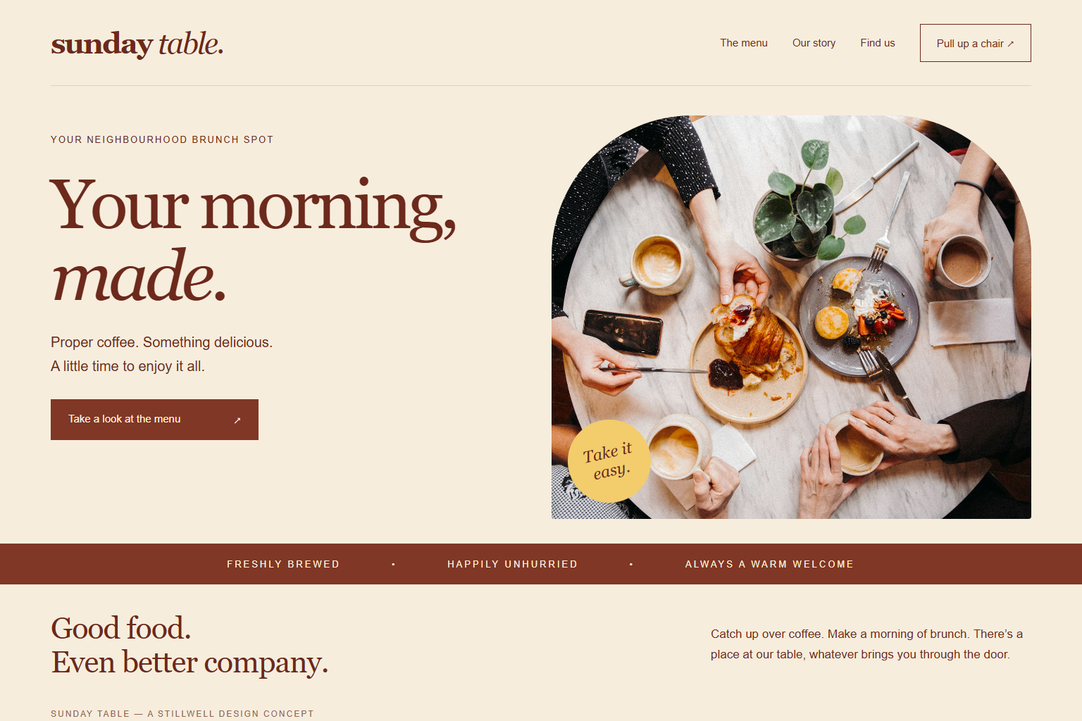 Sunday Table brunch cafe website concept with warm colours and inviting food photography